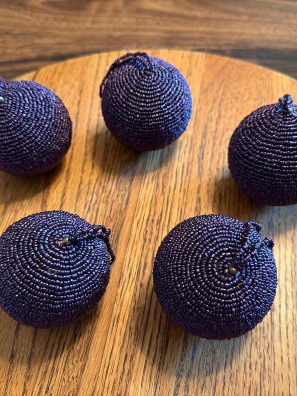 VTG 80s Christmas Ball Ornaments Purple Seed Beads Lot of 5